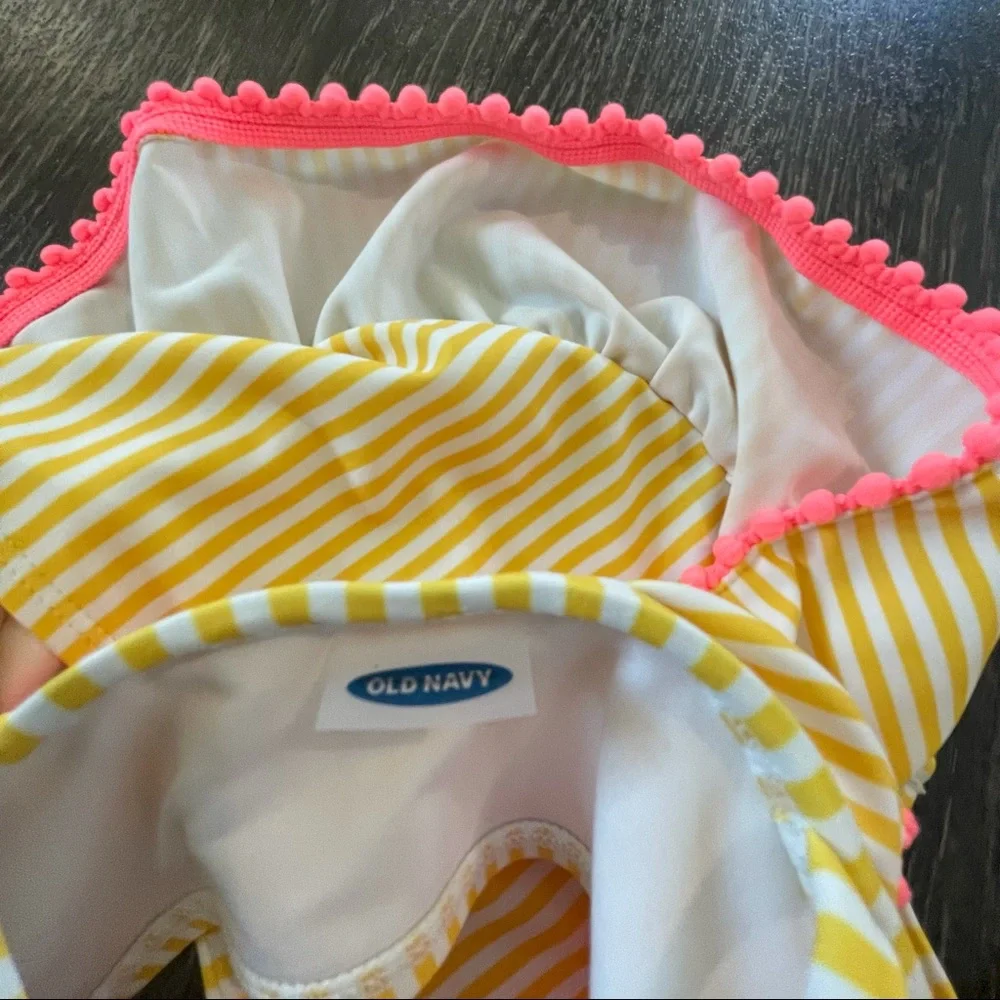 NWOT Old Navy Yellow Stripe and Coral Pom-Pom Bikini Top